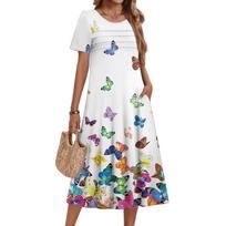 Ladies' Floral Printed Casual And Fashionable Short Sleeved Round Neck Dress XL