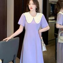 Womens Contrast Color Peter Pan Collar Short Sleeve Midi Dress S violetinė