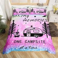 Camping Duvet Cover Microfiber Galaxy Stars Moon Happy Camping Comforter Cover Camper Truck Geometry Mountain Trees Bedding Set 135x200cm