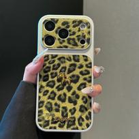 Leather Leopard Print iPhone 16 Pro Max Case with 3D Horse & Gold Logo Apple 14 Plus