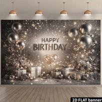 2D Luxury Silver Glitter Happy Birthday Backdrop Banner for Women Birthday Party 47.2x31.5inch/120*80cm