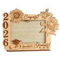 Wooden Graduation Photo Frame 2026 Year Display Stand with Floral Engraving and Congratulatory Text for Graduate Keepsake Decoration One Size