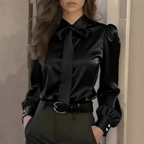 Women’s Long Sleeve Satin Blouse with Tie Neck and Puff Shoulder Design for Office or Casual Wear M juoda