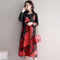 Long Sleeve Loose Fit Plus Size Mid-Length Dress Round Neck Floral Pattern Casual Style Suitable for Autumn and Winter XXL juoda