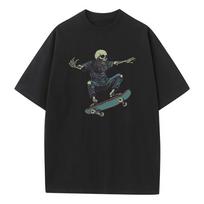 Summer T Shirt Baggy Style Pure Cotton Drop Shoulder Unisex Tops Skateboard Skeleton Retro Graphic T Shirts Breathable Print S įvairiaspalvis
