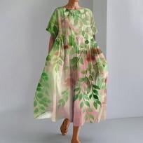 Women’s Loose Fit Maxi Dress with Botanical Floral Print Short Sleeve Crew Neck Casual Long Dress for Everyday Wear L žalia