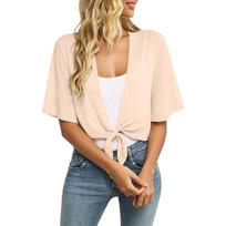 Women’s Short Sleeve Front Tie Blouse Loose Fit Lightweight Open Front Cardigan Casual Summer Fashion Top for Ladies L smėlis