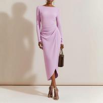 Women’s Long Sleeve Fitted Midi Dress with and Asymmetric Hem for Formal or Evening Wear L šviesiai violetinė spalva