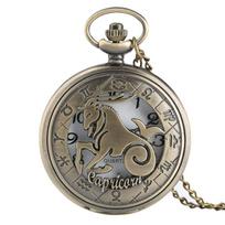 12 Constellation Astrology Zodiac Retro Pocket Watch Bronze Necklace Pendant Mens Women Hollow Flip Cover Quartz Christmas Gifts