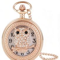Cute Retro Popular Rose Gold Pocket Watch Sparkling Crystal Owl Pendant Necklace Watch for Teens Casual Daily Wear mėlyna