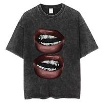 Sexy Lips with Grillz Graphic TShirt Washed Cotton Men Women Vintage Acid Wash Retro Streetwear Trendy Short Sleeve  New 2XL