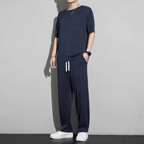 Men's  summer fashion loose large size ice silk Outfit classic crewneck Leisure solid color high-quality two-piece set M tamsiai mėlyna spalva