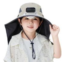 Adjustable Children's Solar Fan Hat USB Charging Waterproof Wide Brim Sun Cap Sun Protection Breathable Sunshade Fan Cap Boys chaki