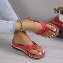 Women's Three Flower Flip Flops, Platform Thong Sandals, Summer Beach Slides for Women 36 raudona