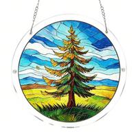 Acrylic Suncatcher Window Hanging Art Panel Round Stained Glass Style Puzzle for Home Office Decor with Tree Landscape Design One Size