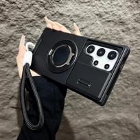 Šarvuotas magnetinis laikiklio dėklas Samsung Galaxy S25 S24 S23 S22 S21 Ultra Plus su dirželiu, slankiojančiu kameros apsaugos, smūgiams atspariu dangteliu For Galaxy S23&Case & Strap juoda