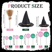 44pcs Witch Cake Toppers Set, Witch Hat & Broom Cupcake Decorations, Green Pink Balloons for Halloween Birthday Cake Decor