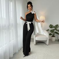 New Elegant One-piece Jumpsuit with Bow and One-shoulder Wide-leg Jumpsuit S juoda