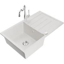 Mexen Bruno granito virtuvės kriauklė su viena kamera, nuotekų sudėtimi ir virtuviniu čiaupu Carla, balta - 6513-20-670700-00, 795x495x200 mm