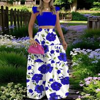 Women's Fashionable Casual Floral Print Elegant And Mid-Waist Strapless Wide-Skirt Two-Piece Dress Set XXL mėlyna