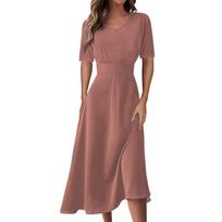 Ladies Casual Fashion Color V-Neck Short Sleeve Waist Long Swing Dress L kupranugaris