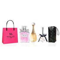 DIOR Perfume Miss Flower 5ml + Real Me 5ml + White Peach Aromatherapy + Ceramic Black Makeup Bag Privilege juoda