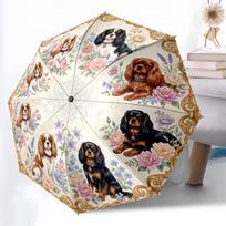 1pc Sturdy 8-Bone Auto Umbrella, Cream Floral Spaniels Dog Umbrella, Digital Printed, Foldable Umbrella for On-the-Go Outdoor Use