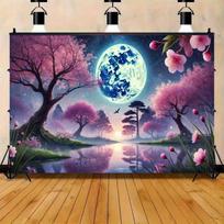 2D Magical Sakura Tree Backdrop, Full Moon Starry Sky Photography Background 47.2x31.5inch/120*80cm