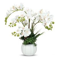 Dirbtinių orchidėjų gėlės su vazonu, Dirbtiniai orchidėjų augalai namų dekoravimui, Tikroviškai atrodančios dirbtinės gėlės svetainei, miegamajam, virtuvės stalui, patalpose balta