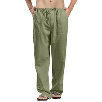Men Casual Loose Fit Straight Leg Drawstring Waist Lightweight Linen Lounge Beach Pants Trousers L armijos žalia spalva
