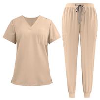 Women's Medical Scrub Set V-Neck Top and Jogger Pants, Soft and Comfortable, Ideal for Healthcare Professionals M chaki