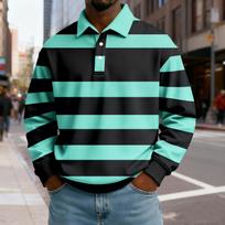 Men’s Long Sleeve Rugby Shirt with Wide Horizontal Stripes Classic Polo Collar Pullover Casual Fit Top for Everyday Wear XXXL žalsvai mėlyna
