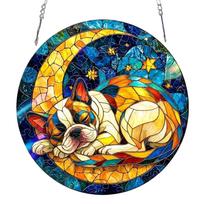 Round Stained Glass Style Hanging Panel with Sleeping Dog and Moon Design for Window or Wall Decoration Art Ornament One Size