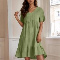 Women’s Casual V-Neck Short Sleeve Ruffle Hem Loose Fit Summer Dress, Lightweight Soft Flowy Midi Dress for Daily Wear L armijos žalia spalva