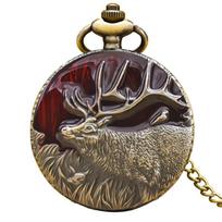 Steampunk Vintage Bronze Elk Carved Quartz Pocket Watch Necklace Pendant Clock Chain Men Women Chain Gift bronza
