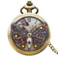 Retro Bronze Steampunk Butterfly Hollowed-Out Engraved Quartz Pocket Watch Necklace Pendant Clock Chain Men And Women Chain Gift bronza
