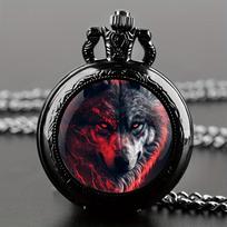 Unique Wolf Animal Pattern Quartz Pocket Watch with Black Necklace Pendant World-Time Feature, Analog Display For Women Men Kids juoda