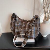 Retro Ctrast Color Plaid Women Woolen Crossbody Bags Versatile Ladies Shoulder Underarm Bag Large Capacity Girls Tote Handbag kava