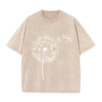 Dandelion Print Vintage Washed Brown T Shirt Casual Minimalist Streetwear Tee S