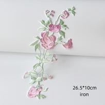 Rose Flower Flower Embroidered Cloth Patch Pink and Green Adhesive Back Iron-on Patch Long Strip Clothing Decoration