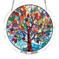 Acrylic Suncatcher Puzzle 83 Pieces Patriotic Tree Design Stained Glass Style Hanging Decoration with Chain for Window Display One Size