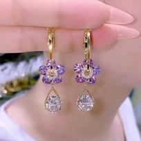 S925 Silver Needle Purple Blue Crystal Flower Drop Earrings 2022 Trendy Design Female Luxury Shining Zircon Earrings bronza