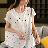Literary Retro Polka Dot Shirt Loose Temperament Fungus Collar Single Row Shirt Cardigan Summer Top for Women S balta