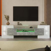 TV spintelė Lowboard su LED apšvietimu, blizgi balta, 200 cm, stiklinis paviršius, 1 vnt