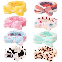 8pc Soft Plush Headbands Set with Bow Elastic Stretch Hairbands for Face Washing Spa Makeup Skincare Routine One Size