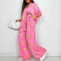 Casual Wide-Leg Pants Set with Gold Floral Print, Multiple Colors S pink