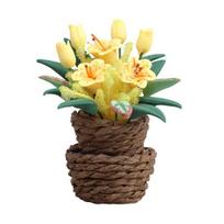 Dollhouse Bonsai 1:12 Scale Miniature Hand-Kneaded Yellow Floral Arrangement with Lifelike Petals Leaf Veins Simulated Woven Flower Utensils geltona