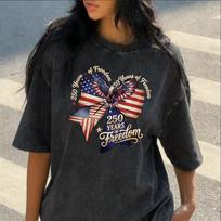 Womens Patriotic GOD Bless AMERICA Graphic Crew Neck TShirt Red White  Blue Stars Design American Flag Design Vintage Clothes S