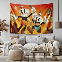A gaming room tapestry featuring the retro cartoon Cuphead. 75x100 juoda