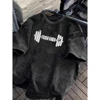 Vintage Washed Gym TShirt TRAIN HARD Barbell Graphic Workout Tee Loose Fit Short Sleeve Fitness Athletic Tops Streetwear S